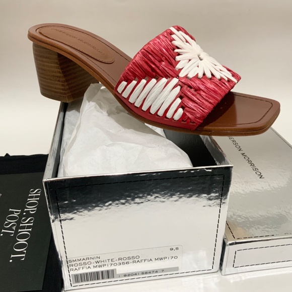 Sigerson Morrison Marnin Red White Brown Leather Heeled Slide Sandals Mules 9.5 - Picture 6 of 10